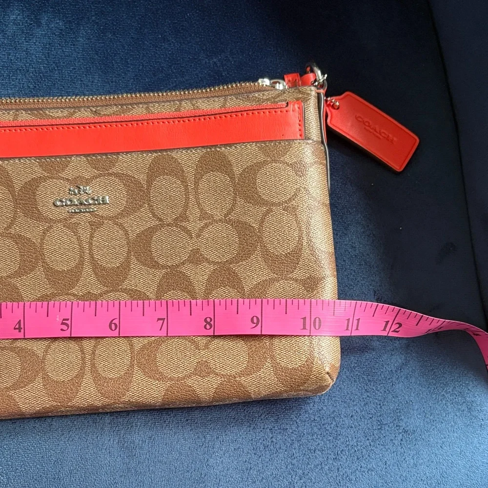 Coach Brown Logo and Coral Crossbody Bag with Removable Pouch and Zipper Top